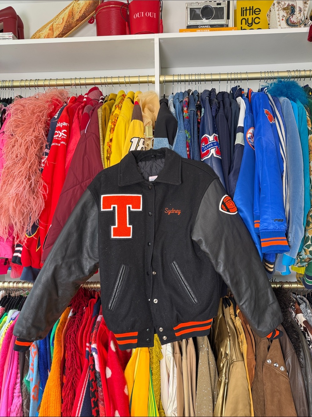 Black Varsity Letterman Jacket with Orange 'T' Patch